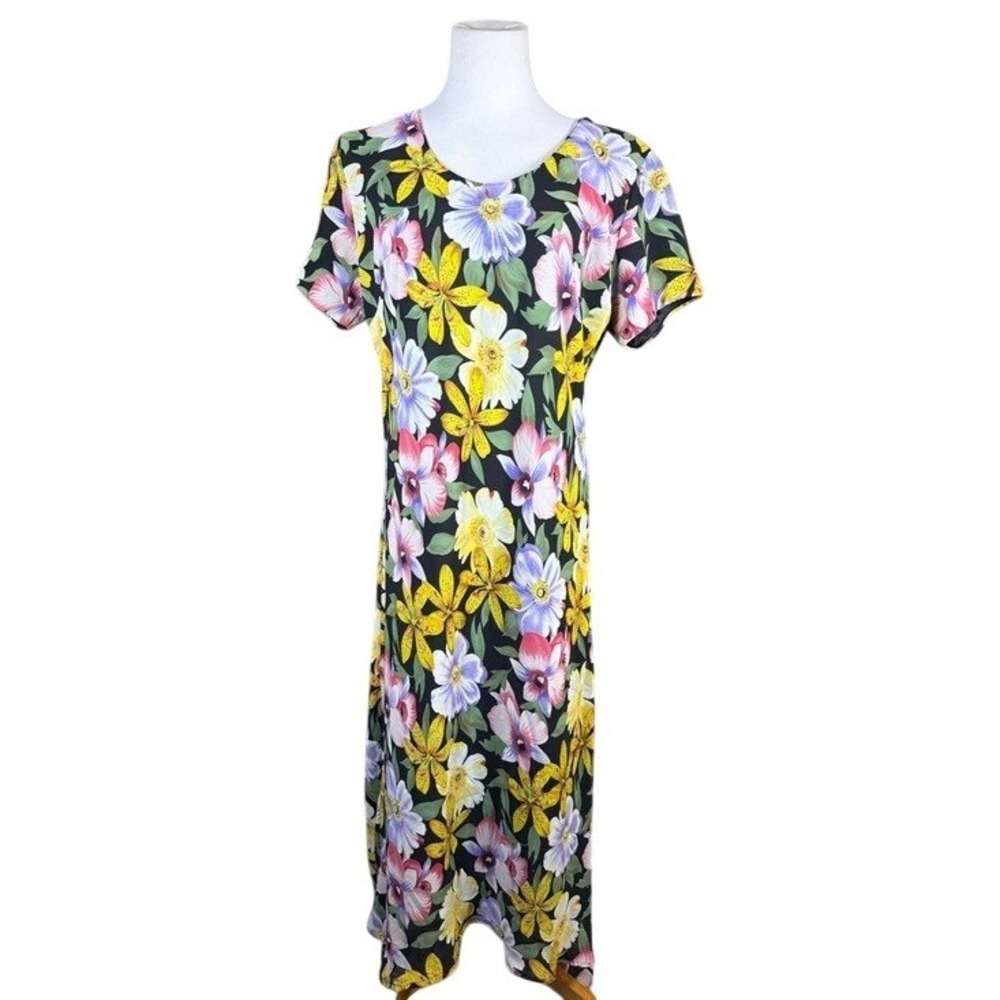 A Wild Thyme Vintage Tropical‎ Floral Maxi Dress Black Pink Yellow Size 14